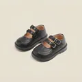 Classic black baby girls' Mary Jane leather shoes with double buckles and brogue detail - Internal Length 11.5cm / Brogue Buckle Princess Shoes (9MBX18152) / Black