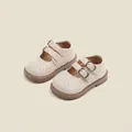 Cream toddler Mary Jane leather shoes with double buckle straps and brogue details. - 11.5cm / Double Strap Princess Shoes (9MBX18152) / Beige