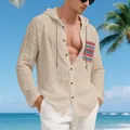 Men's bohemian linen hooded long sleeve shirt with colorful pocket detail at beach - Light Khaki