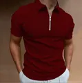 Detailed view of maroon men's polo shirt with vertical stripes and silver zipper collar - Burgundy