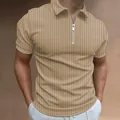 Close-up of men's striped short sleeve polo shirt featuring a modern zipper neck design. - S / Tops / Khaki