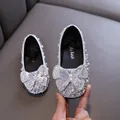 Sparkly silver girls' princess shoes featuring a large rhinestone butterfly bow detail - 21 / Princess Flat Shoes (902-C06) / Silver