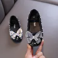 Elegant black girls' princess shoes featuring sparkling rhinestones and a butterfly bow - 21 / Princess Flat Shoes (902-C06) / Black