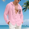 Close-up detail of a men's breathable pink linen hooded shirt with ethnic pocket - Pink