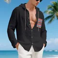 Men's bohemian black hooded linen shirt featuring ethnic patterned pocket and drawstring - S / Tops / Black
