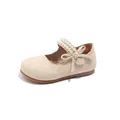 Zapatos Mary Jane beige para niñas con correa de perlas y un elegante lazo decorativo - Talla 23 (Longitud interior 15.4cm) / Beige