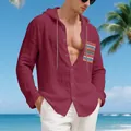 Men's bohemian linen hooded long-sleeve shirt with colorful pocket detail in maroon - Wine Red