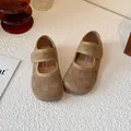 Khaki suede kids Mary Jane shoes with Velcro strap on a white textured background - Size 23 (Inner Length 14.3cm) / Khaki