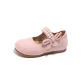 Elegantes zapatos Mary Jane rosas de ante para niñas con correa de perlas y lazo. - Talla 23-25 Set / Rosa
