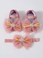 Détail de chaussures de princesse en dentelle pour bébé rose et bandeau assorti - Chaussures de Princesse Rose Pêche avec Bandeau (25-1)