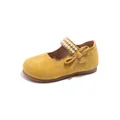 Dulces merceditas de gamuza amarilla para niñas con elegante tira de perlas decorativa - Talla 23-25 Set / Zapatos de Princesa con Lazo de Perlas Artificiales (7010) / Amarillo