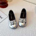 Silver children's Mary Jane shoes with double bow design and soft sole - Size 23 Inner Length 14.2cm / Silver