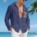 Macro detail of breathable men's bohemian linen hooded shirt with a colorful pocket - Navy Blue