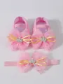 Chaussures de princesse en dentelle rose pour bébé avec bandeau couronne pour filles - Chaussures de Princesse Roses avec Bandeau (25-1)