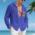 Men's blue bohemian linen hooded shirt featuring an ethnic pattern chest pocket detail - Sapphire Blue