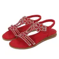 Sandales plates rouges de style bohème avec motif floral évidé en strass étincelant - 35 / Rouge Brique