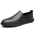 Atmungsaktive schwarze Herren Slipper aus echtem Leder mit weicher, rutschfester Sohle - Schwarz Aushöhlung Stil