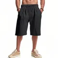 Men's loose breathable black linen shorts for casual summer beach wear - Black