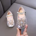 Sparkly silver glitter girls princess shoes with pearl strap and large rhinestone flower - 21 / Gold