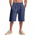 Men's loose breathable linen shorts in navy blue finish for summer casual beach wear - Navy Blue