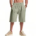 Men's breathable sage green linen shorts featuring an elastic waist and drawstring - Army Green