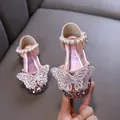 Sparkling pink girls princess dress shoes with rhinestone butterfly and pearl strap - 21 / Bowknot Style (777-C05) / Pink