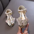 Sparkly gold princess shoes for girls with rhinestone butterfly and pearl strap. - 21 / Bowknot Style (777-C05) / Gold