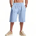 Light blue men's linen casual shorts with drawstring elastic waist for summer beach wear - Light Blue
