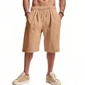 Men's breathable khaki linen casual beach shorts with elastic drawstring waist - Dark Camel