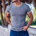 Men's slim fit ribbed short sleeve t-shirt in grey melange with striped trim. - S / Tops / Light Gray
