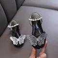 Elegant black girls' princess dress shoes with rhinestone butterfly and pearl strap - 21 / Bowknot Style (777-C05) / Black
