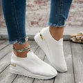 White fly-knit wedge sneakers for women with breathable mesh and gold heel detail - 37 / White