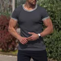 Men's athletic slim fit charcoal grey vertical striped T-shirt with white ringer collar - S / Tops / Dark Gray