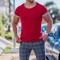 Slim fit men's red ribbed gym T-shirt featuring striped crew neck and sleeve detailing - S / Tops / Wine Red