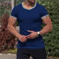 Men's navy blue slim fit ribbed T-shirt with striped trim for sports and fitness - Navy Blue