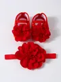 Detail of red infant shoes and headband set with large fabric flower decorations - 11 (10.5cm) / Set / Red And Headband