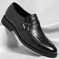 Classic black men's business casual dress shoe with crocodile embossed pattern and buckle. - 38 / Black