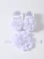 White infant soft sole shoes with matching large fabric flower headband set for girls - 11 (10.5cm) / Set / White And Headband