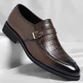 Men's business casual shoes in brown gradient crocodile texture with monk strap buckle - 38 / Brown