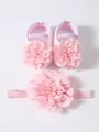 Baby girl soft sole pink princess shoes set featuring oversized lace flower detail - 11 (10.5cm) / Set / Pink And Headband