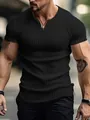 Detailed view of men's slim fit black ribbed knit Henley shirt with a button neckline - S / Tops / Black