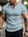 Detail view of light blue ribbed knit Henley T-shirt showing muscular fit and fabric texture - Sky Blue