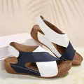 Detailed side view of navy blue and white color-block wedge platform sandals for women - 36 / Blue and White