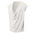 Detailed close-up showing the draped cowl neck design of this white sleeveless men's tank top - S / Tops / White