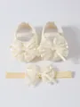 Elegant cream lace baby princess walking shoes with matching bow headband set for infants - Beige