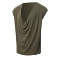 Detailed view of men's olive green sleeveless tank top with unique draped cowl V-neckline - S / Tops / Green