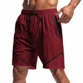 Detail of men's red athletic shorts featuring zipper pocket and black chevron design - S / Bottoms / Burgundy Black Trim