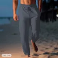 Comfortable men's linen beach trousers with drawstring elastic waist in dark gray color - Navy Blue