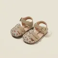 Girls' floral closed-toe walking sandals in beige with adjustable ankle strap buckle - Size 19 (Inner Length 14.0cm) / 9586 Khaki