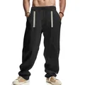 Casual men's wide-leg black linen trousers with unique bohemian ethnic print pocket trim. - Black